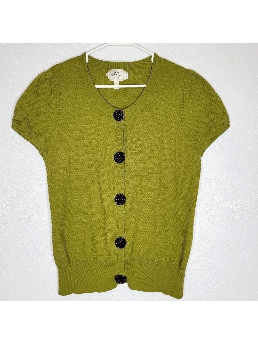 Milly Vintage Green Button Down Short Sleeve Sweater Blouse Women's Size Large